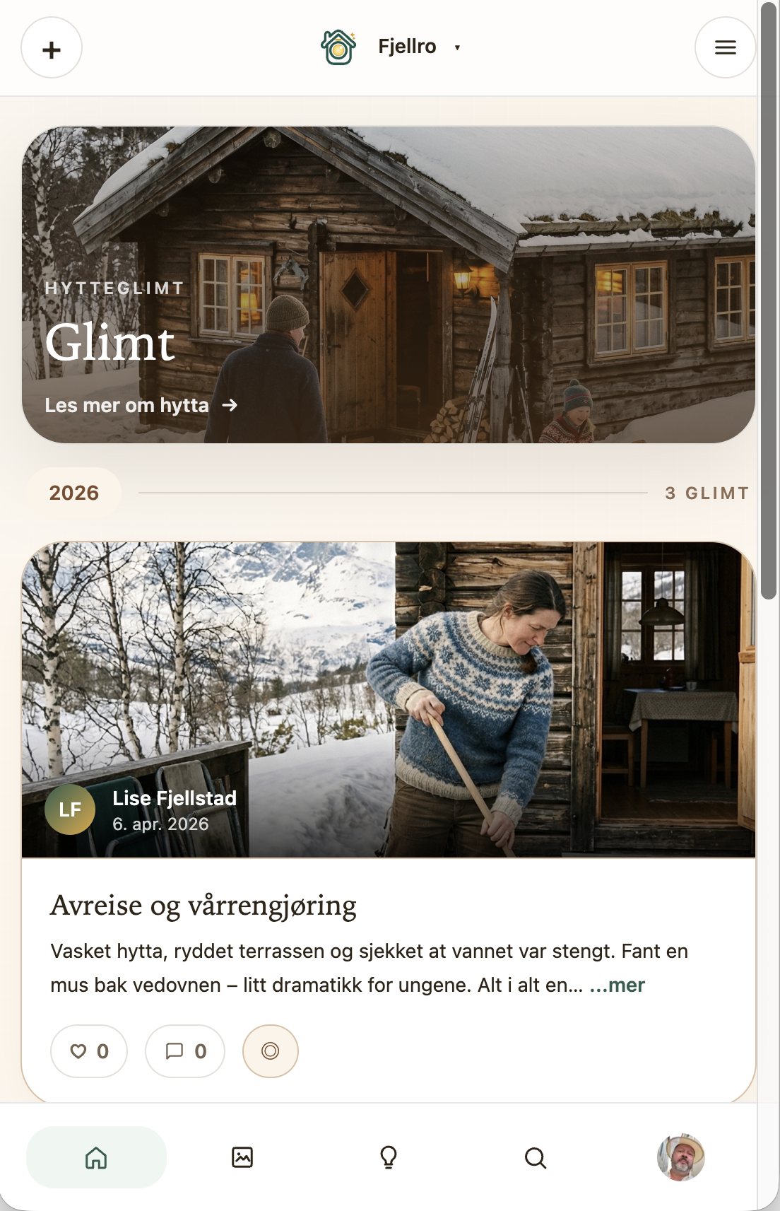Skjermbilde av hytteboka â feed med innlegg og bilder